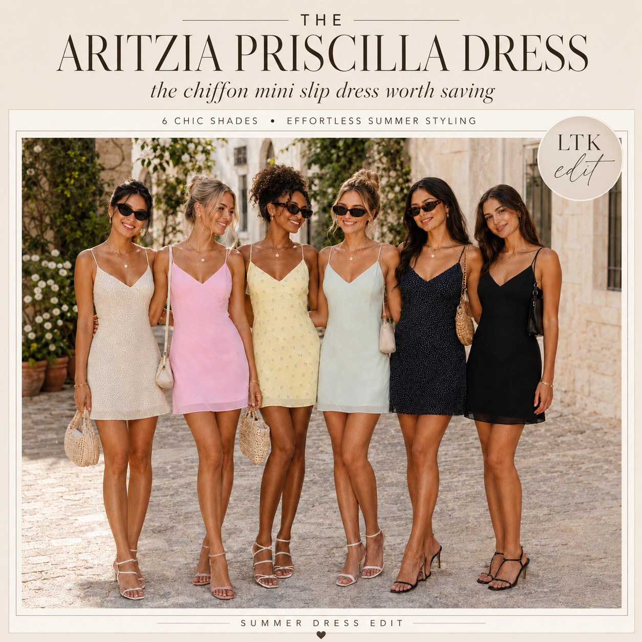 @Aritzia Summer Chic | Priscilla Dress ☀️ 

The Aritzia Dress You’ll Pack First!!

I did the digging for you, and the Aritzia Wilfred Priscilla Dress is the kind of chiffon mini that makes summer dressing feel instantly prettier, easier, and more elevated. 

It has that soft, feminine slip-dress feel without looking too simple — the kind of dress you save because you know a plan is going to come up and you’ll wish you already had something this easy to wear.

This is the dress edit to check first for vacation dinners, bridal showers, bachelorette weekends, date nights, summer weddings, graduation parties, brunch, resort outfits, rooftop drinks, girls’ trips, and warm-weather events when you want to look polished without overthinking the outfit. 

The V-neck mini silhouette feels effortless and flattering, while the shade options make it easy to go soft and romantic, classic and minimal, or a little more statement.

Style it with strappy heels, kitten heels, raffia bags, gold jewelry, sunglasses, a light cardigan, or an oversized blazer and it instantly shifts from daytime pretty to summer-night elevated. 

If you’ve been looking for an Aritzia mini dress that feels feminine, rewearable, lightweight, and worth saving before your next event pops up, this is the one I’d check first. 🤍

📌 SAVE this before your next summer plan sneaks up — this is the kind of easy chiffon mini you’ll wish you already had in your closet.

↓ Everything is linked!

#LTKActive #LTKSaleAlert #LTKTravel