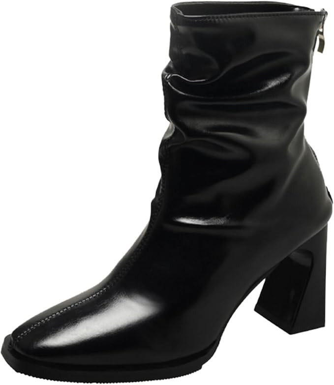 Combat Boots Womens Women's Pleated Leather Ankle Boots Solid Back Zipper Chunky Heels Western Bo... | Amazon (US)