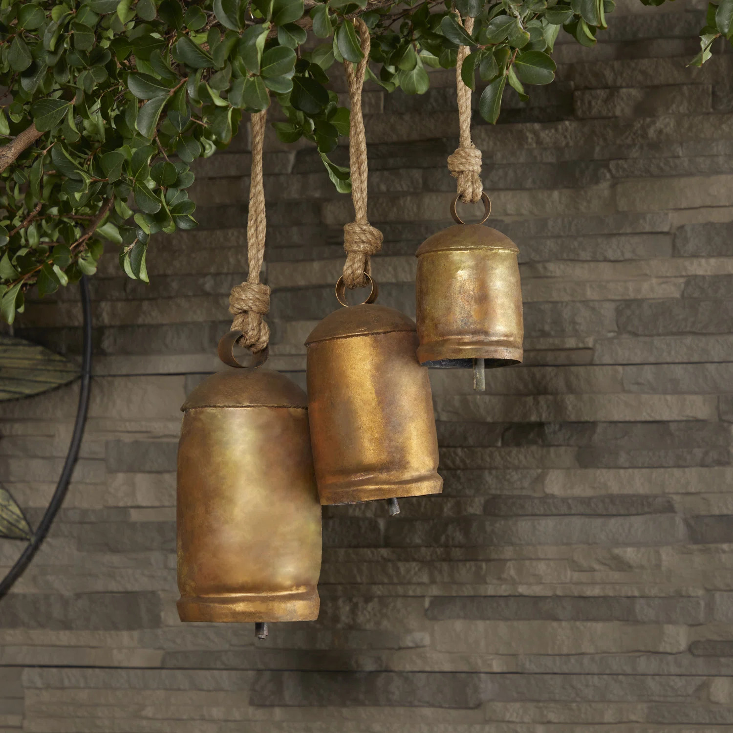 Kaskaskia Metal Tibetan Inspired Indoor Outdoor Decorative Cow Bells with Jute Hanging Rope Set | Wayfair North America