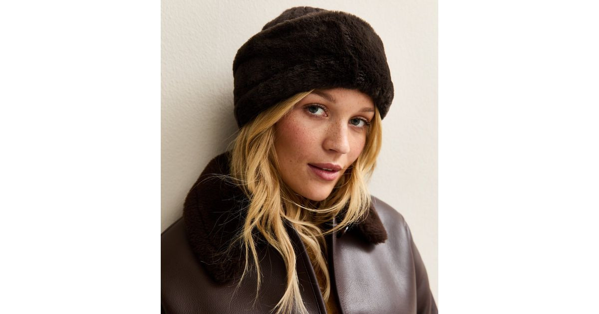 Dark Brown Faux Fur Trim Hat | New Look | New Look (UK)