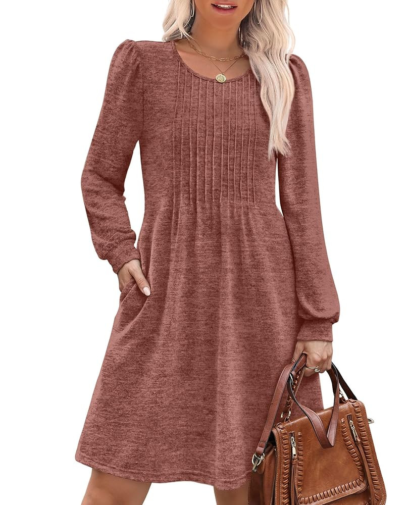 OFEEFAN Long Sleeve Dress for Women Pleated Crew Neck Casual Babydoll Sweater Dress with Pockets ... | Amazon (US)