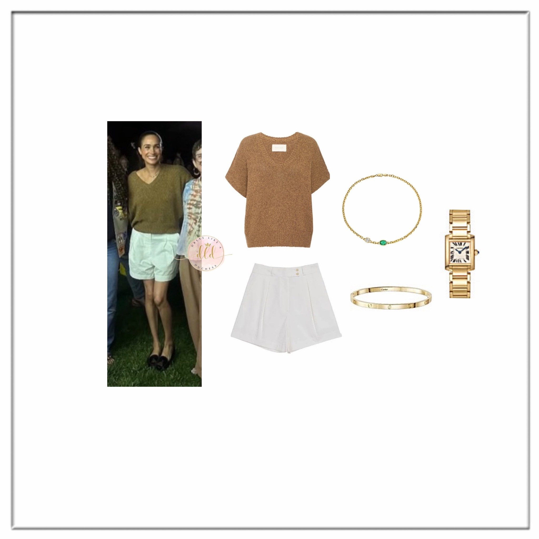 6/29/26 Meghan Markle at a Cookie Queens movie screening in Brochu Walker Gaia Marbled tee + Jenni Kayne Newport shorts + Logan Hollowell chain necklace