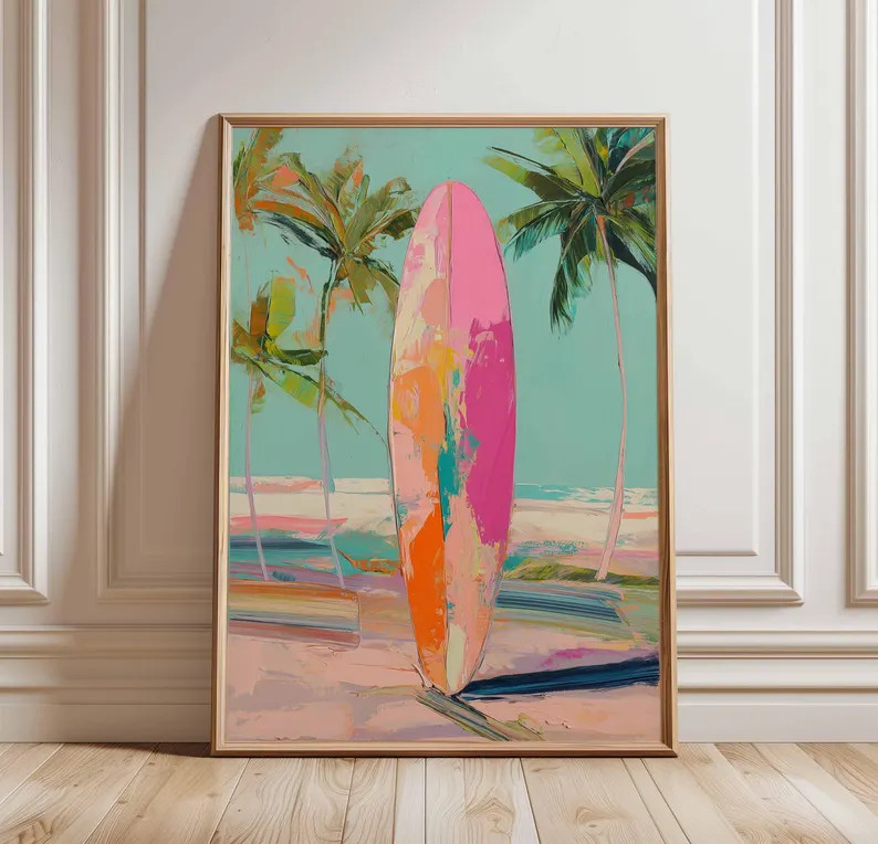 Surfboard Wall Art, Tropical Beach Poster, Palm Tree Print, Vibrant Surf Decor, Colorful Ocean Ar... | Etsy (US)