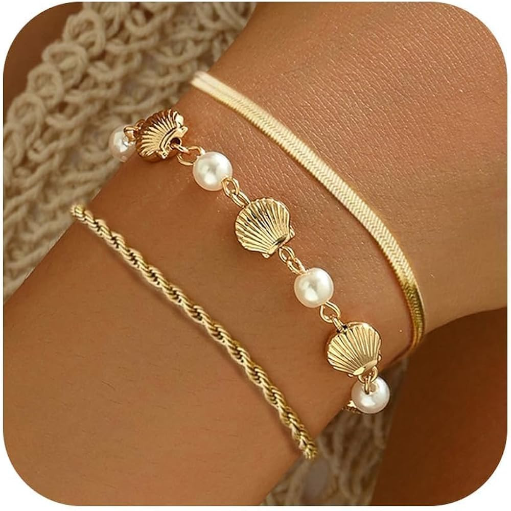 YANCHUN Gold Shell Bracelet Stack Dainty Gold Bracelets Boho Summer Beach Jewelry Halloween Merma... | Amazon (US)