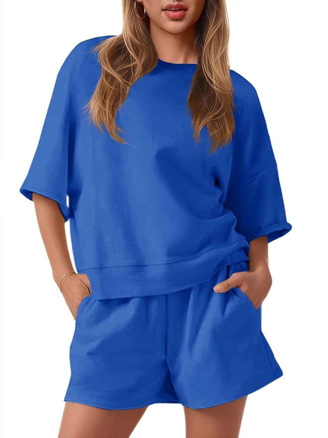 Fisoew Womens 2 Piece Outfits Casual Oversized Cropped Sweatshirt and High Waist Running Shorts T... | Amazon (US)