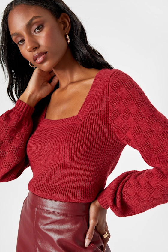 Cozy Instinct Wine Red Balloon Sleeve Square Neck Sweater | Lulus (US)