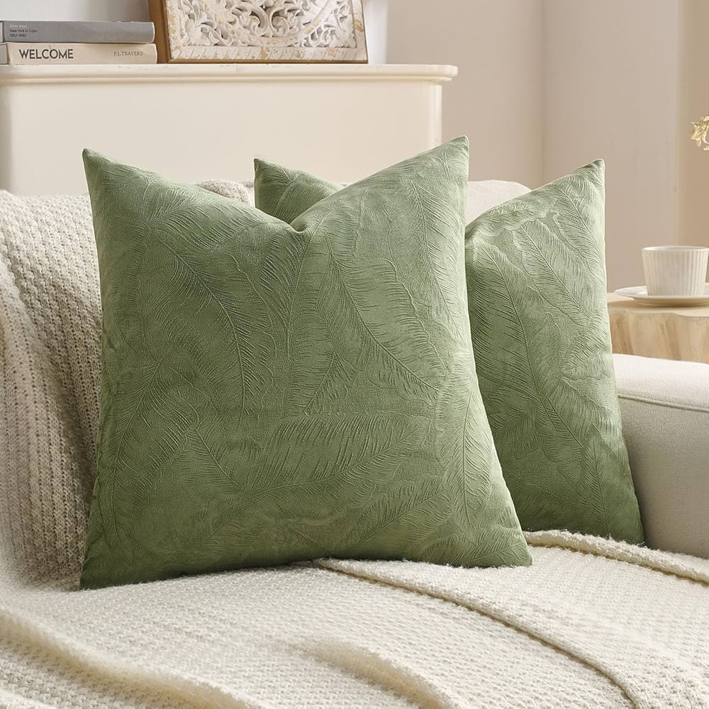 FUTEI Sage Green Velvet Throw Pillow Covers 22x22 Inch Set of 2,Soft Embossed Leaf-Relief Texture... | Amazon (US)