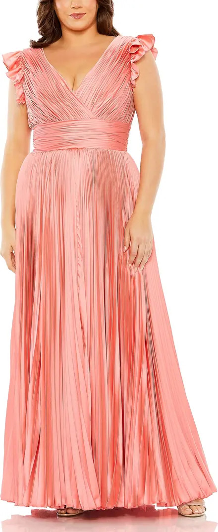 Flutter Sleeve Pleated V-Neck Gown | Nordstrom