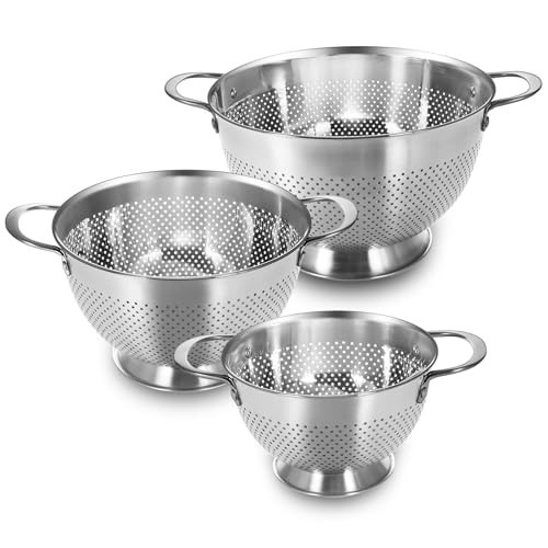 Stainless Steel Colander Set of 3 (1.5-3-5Quart) | Durable Rice and Pasta Strainer with Handle | Oversized Handles | Nesting Design | Rust-Resistant & Dishwasher Safe | Amazon (US)