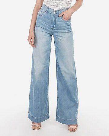 high waisted lightweight light wash wide leg jeans | Express