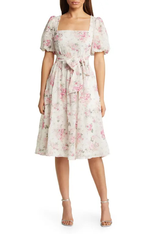 Eliza J Floral Eyelet Puff Sleeve Midi Dress in Ivory Multi at Nordstrom, Size 0 | Nordstrom