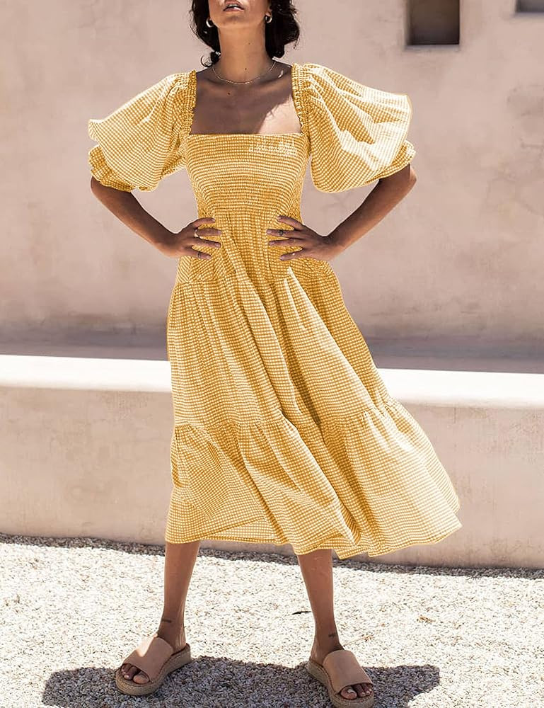 UIMLK Women's Puff Sleeve Smocked Gingham Off The Shoulder Back Bow Tie Flowy Cottagecore Bohemian R | Amazon (US)