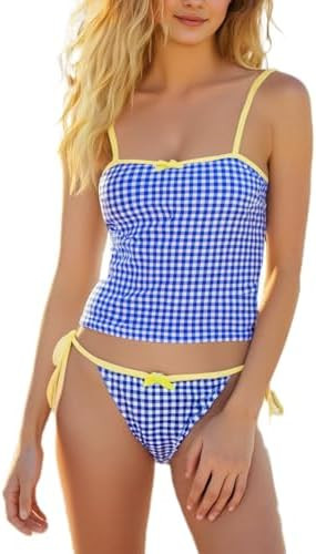 Women Plaid Bikini Set Square Neck Spaghetti Strap Crop Tops Tie-up Low Rise Thongs 2 Pcs Bathing... | Amazon (US)