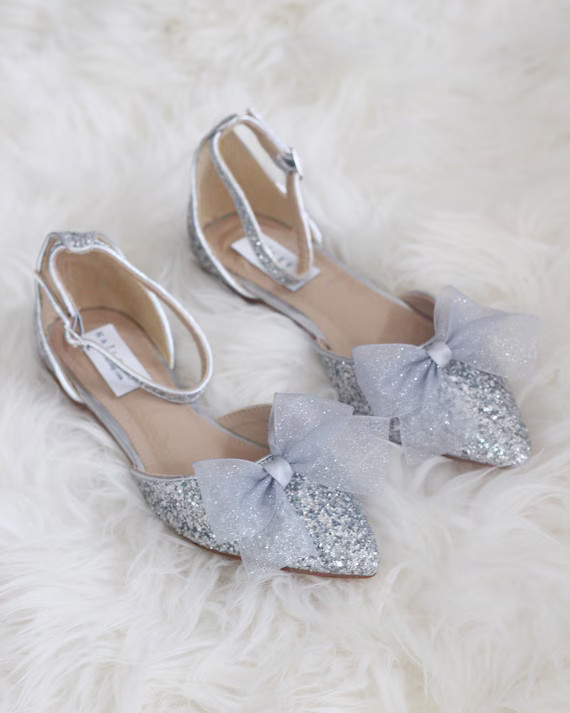 SILVER Rock Glitter Pointy Toe Flats with Ankle Strap & Organza Bow, Wedding Shoes, Bride Shoes, ... | Etsy (US)