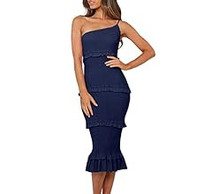 PRETTYGARDEN Women's Summer Midi Bodycon Dresses One Shoulder Strappy Tiered Ruffle Floral Boho S... | Amazon (US)