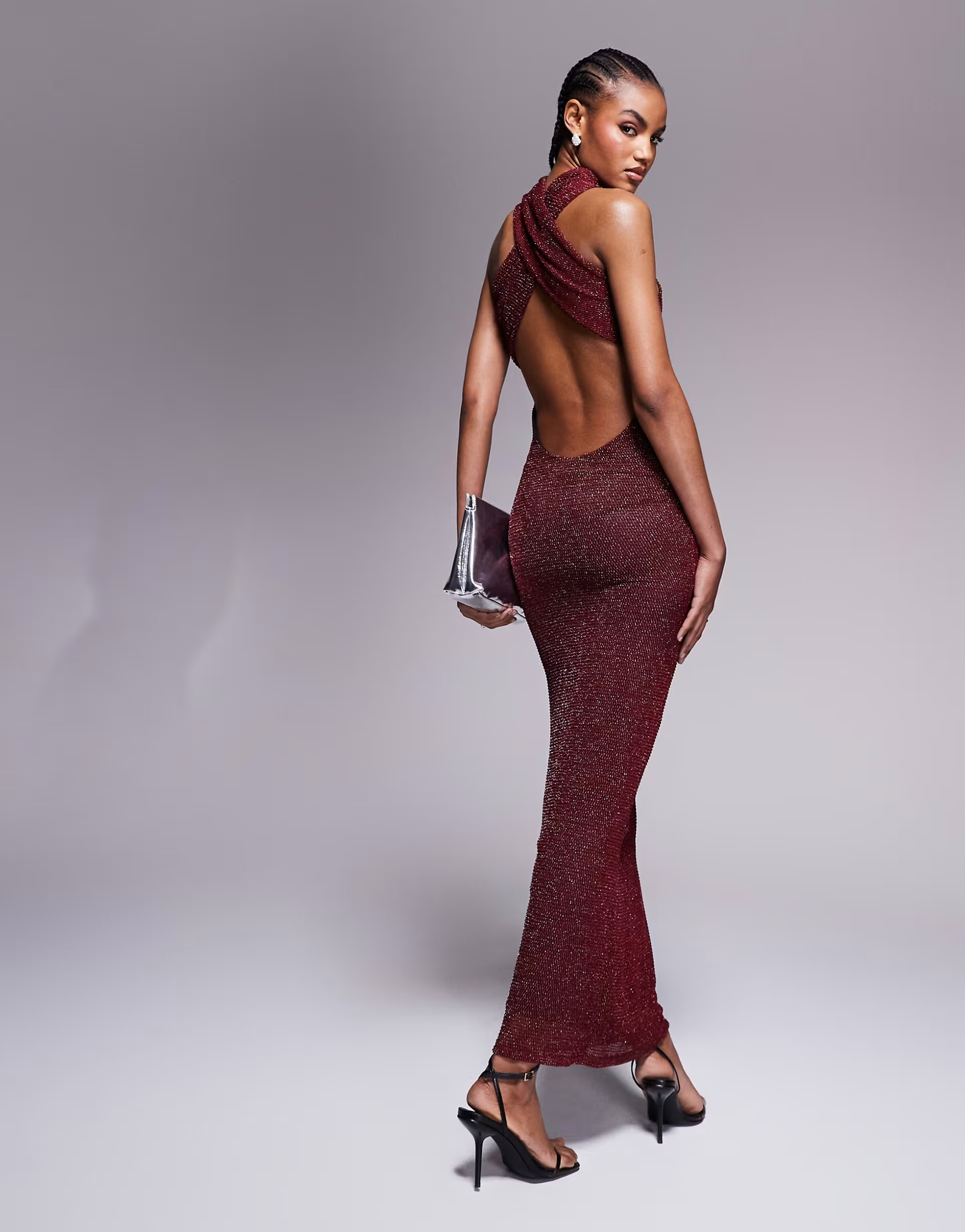ASOS DESIGN shimmer knit high neck halter maxi dress in burgundy | ASOS (Global)