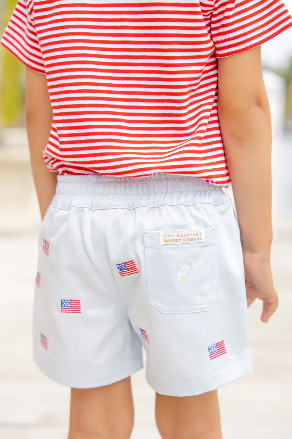 Critter Sheffield Shorts - Buckhead Blue & American Flag Embroidery with Multicolor Stork | The Beaufort Bonnet Company