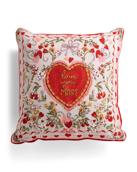 20x20 Love You Most Hearts Bow Cherry Embroidered French Knot Pillow | TJ Maxx
