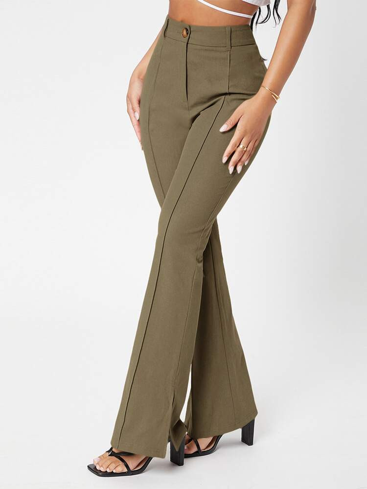 SHEIN PETITE Zipper Fly Seam Front Split Hem Flare Leg Pants | SHEIN