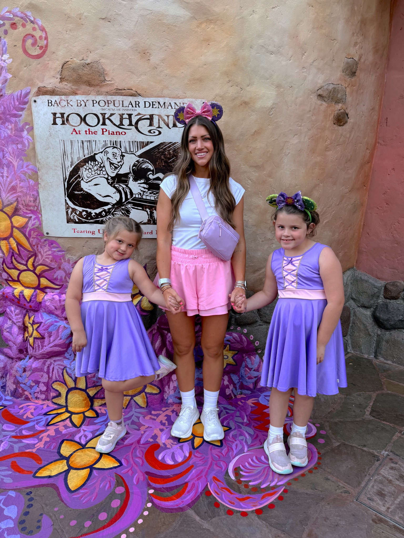 Mommy and me rapunzel disney outfits today 💜💕☀️👑 
LOVE these target shorts!! Size small. I can be in between S/M in workout shorts for reference and I feel like these run a little big. // XS Walmart tee. This is so good 👌🏻// and these new hokas are soooo dang comfy!!!!! Did my true size 8.5 sneaker size 