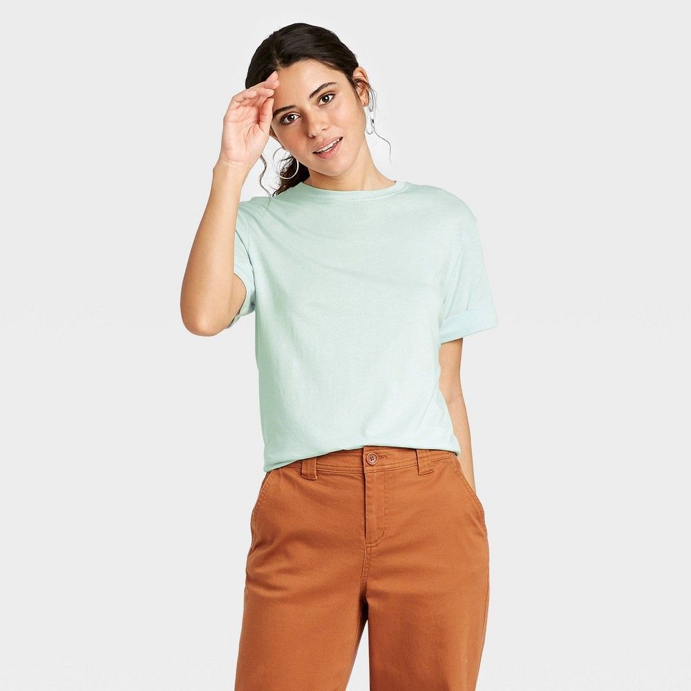 Women's Short Sleeve Cuff T-Shirt - A New Day Mint L, Green | Target