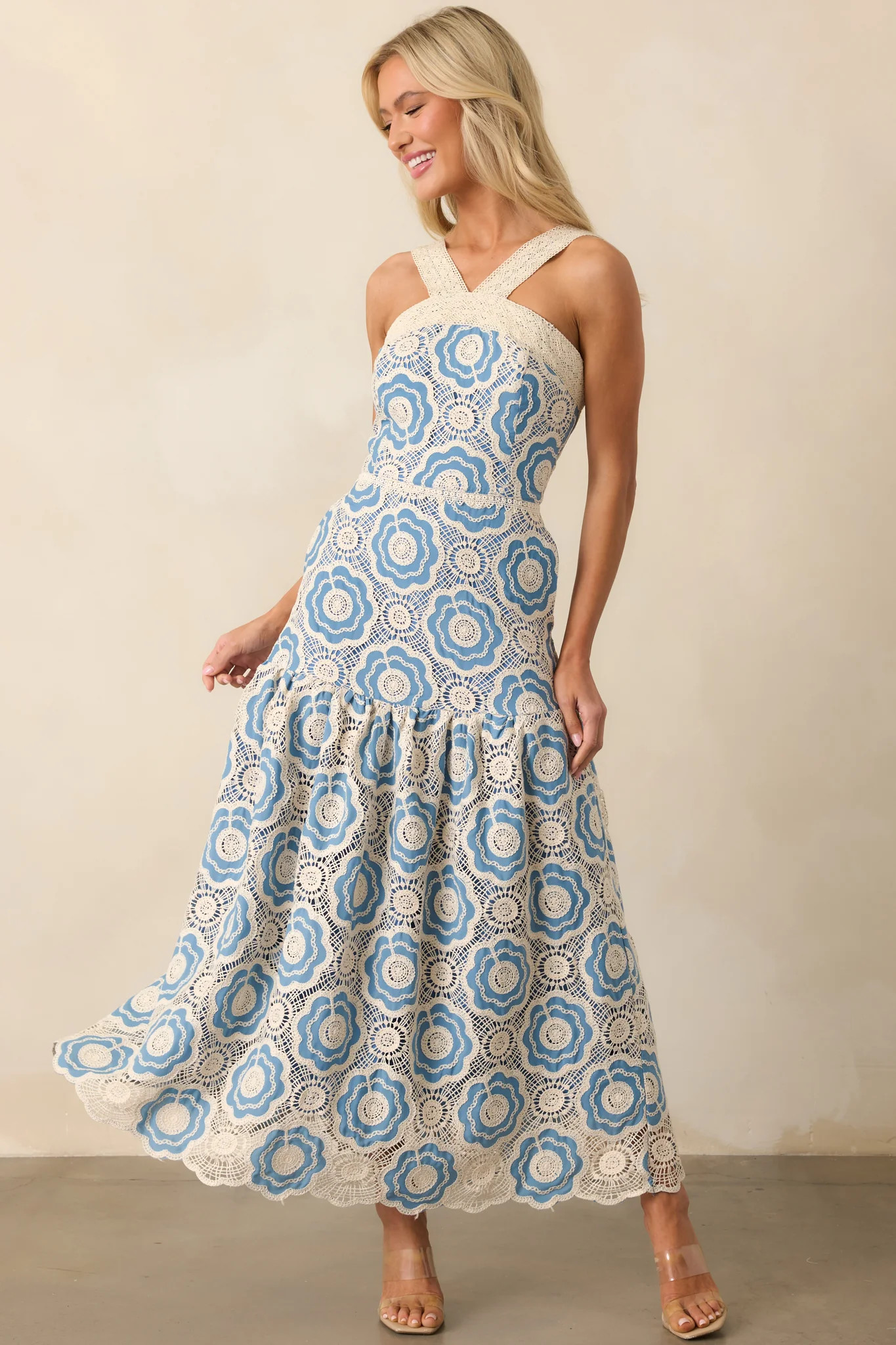 Midnight Muse Light Blue Floral Embroidered Drop Waist Maxi Dress | Red Dress