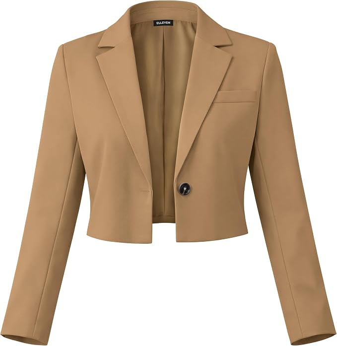 ELLEVEN Women’s Cropped Blazer Business Casual Open Front Long Sleeve One Button Jacket | Amazon (US)