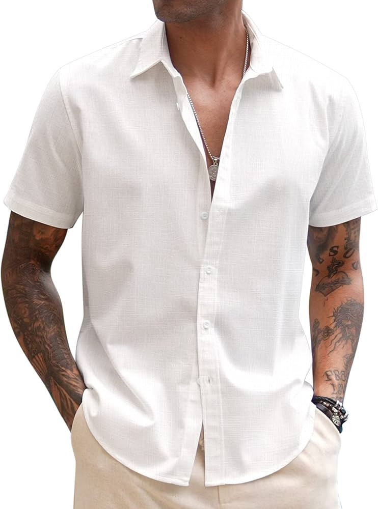COOFANDY Men's Linen Casual Short Sleeve Shirts Button Down Summer Beach Shirt | Amazon (US)