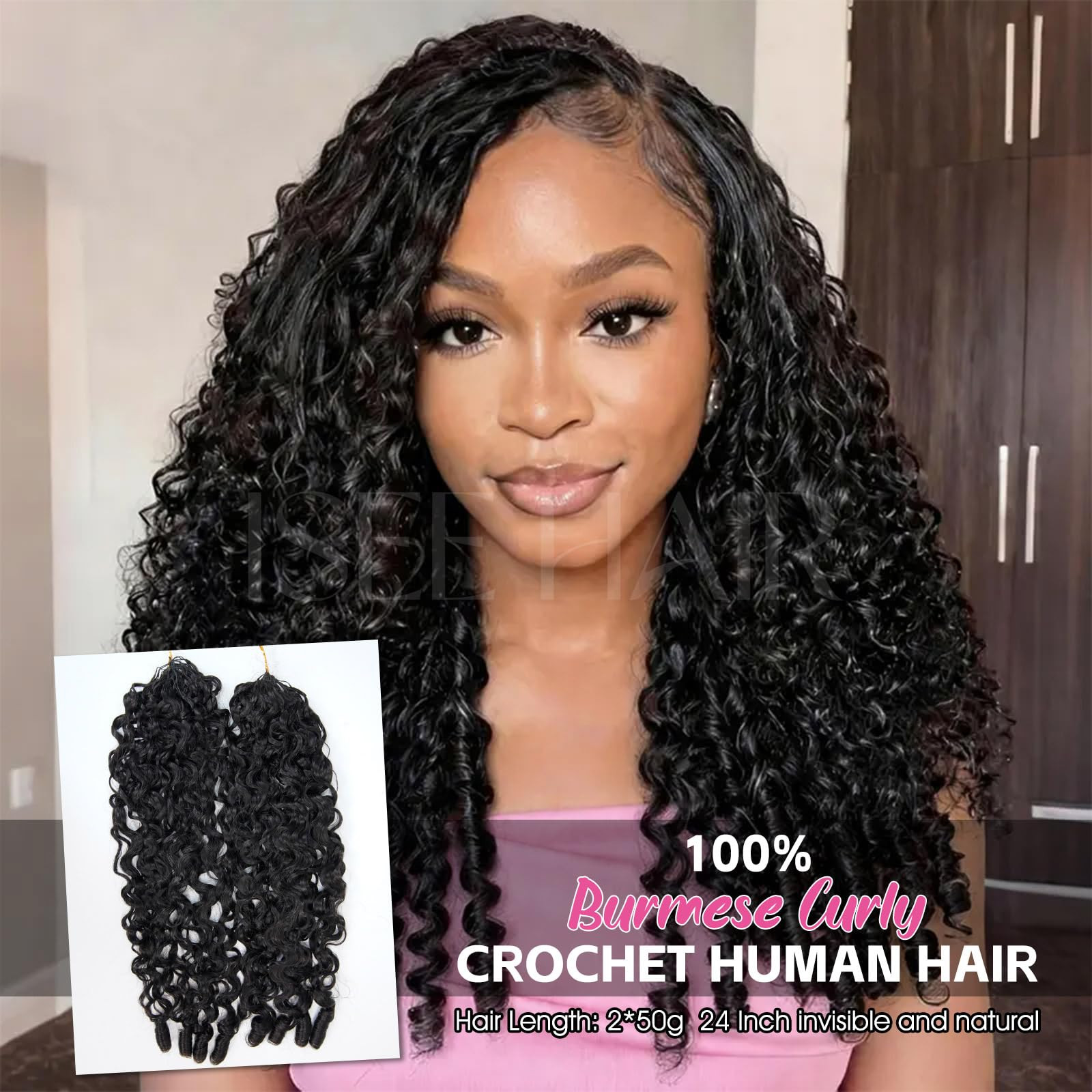 ISEE Feather Crochet Human Hair 18 Inch 4 Packs 200G Burmese Curly Knotless Pre Separated Invisible Crochet Bundles Lightweight Reusable Hair Extensions for Women Natural Black | Amazon (US)