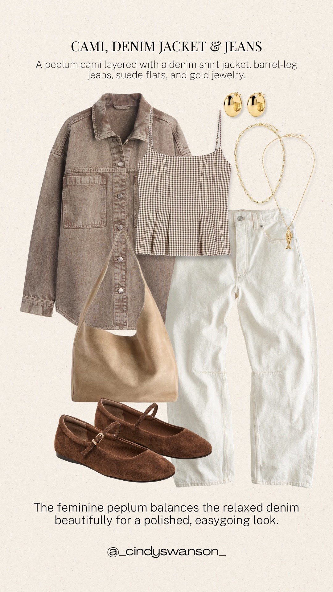 This peplum cami is such a pretty way to soften relaxed denim. I love the mix of the feminine gingham top, white barrel-leg jeans, and denim shirt jacket—the suede flats and neutral accessories keep it polished but easy for everyday wear.

💡 LTK MADE EASY
❤️ Heart = Support my posts!
🔖 Save = Get sale & restock alerts
📋 Lists = Keep favorites organized
📲 Share = Send lists and products to a friend. Hello, Christmas List!
💬 Comment = Ask me anything about what I’m wearing.:-)

#LTKootd #LTKOver40 #LTKSeasonal