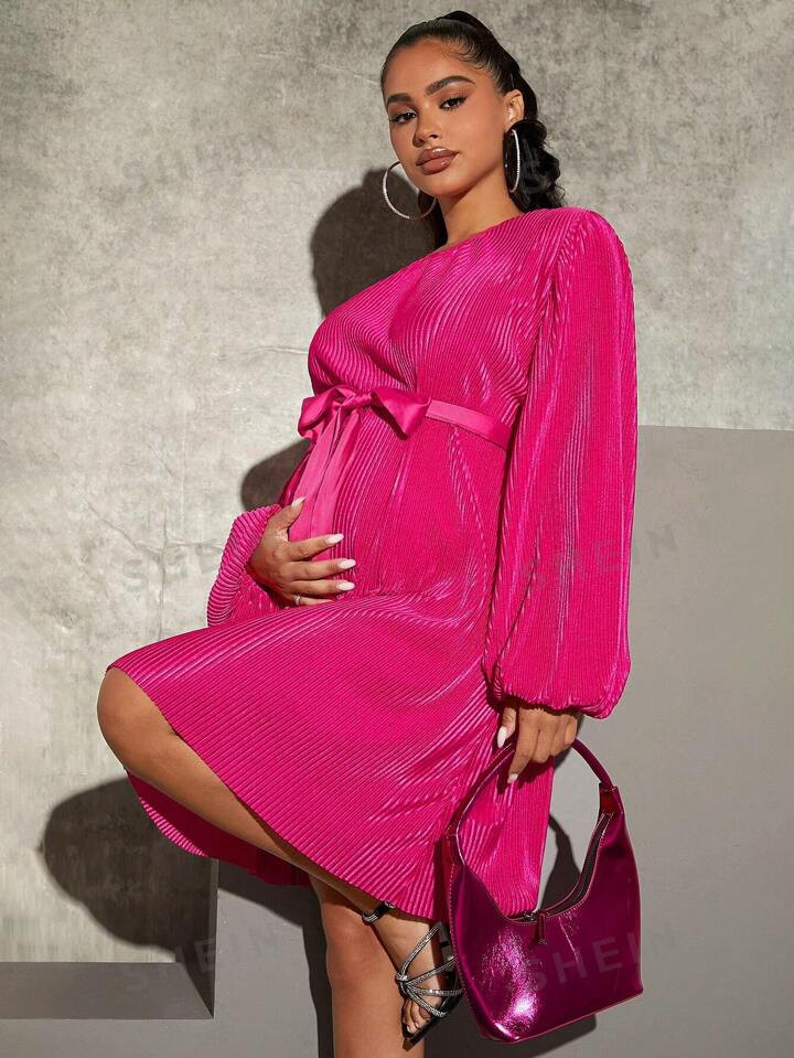 SHEIN Maternity Lantern Sleeve Belted Dress | SHEIN