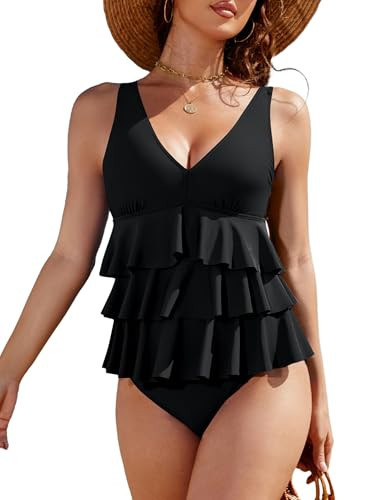 Blooming Jelly Womens One Piece Swimsuit Ruffle Tummy Control Modest Bathing Suit 2025 Full Coverage Ladies Retro Cute Swim Dress Swimwear (Medium, Black) | Amazon (US)