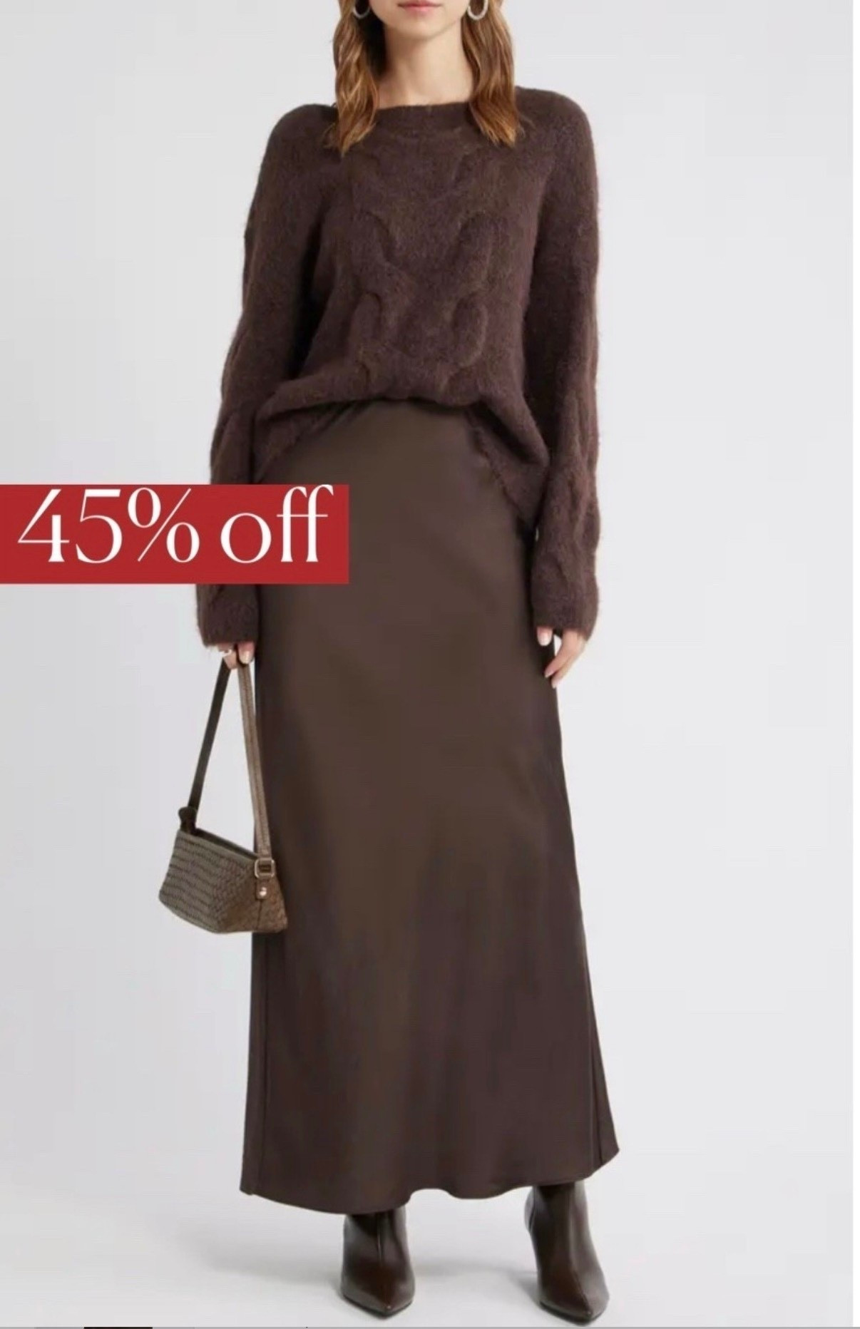 Brown sweater
Satin skirt
Silk skirt 

#LTKStyleTip 

#LTKSeasonal #LTKFindsUnder100