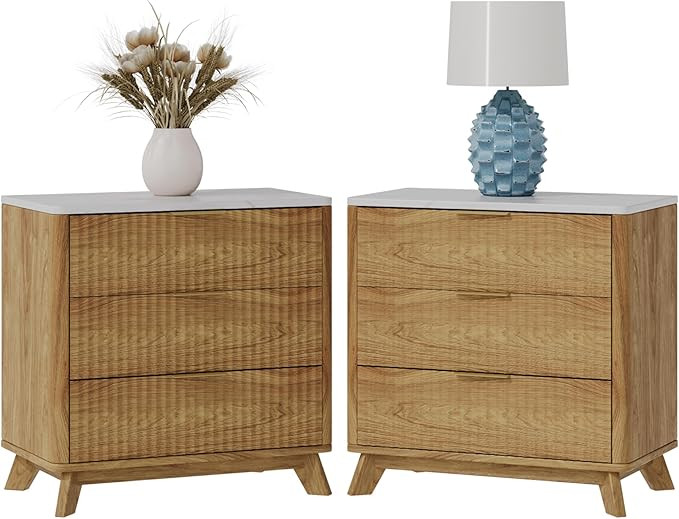 24" Tall Fluted NightStand Set of 2,Modern Side Table with Faux Marble Top, 3 Drawers End Table w... | Amazon (US)