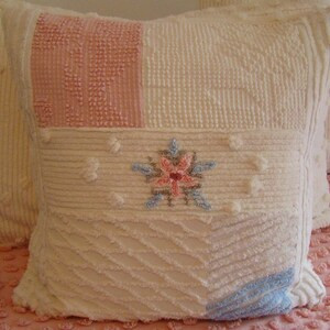 Pink And White Patchwork Chenille Pillow Cover With Floral Center for 18" Pillow Insert | Etsy (US)