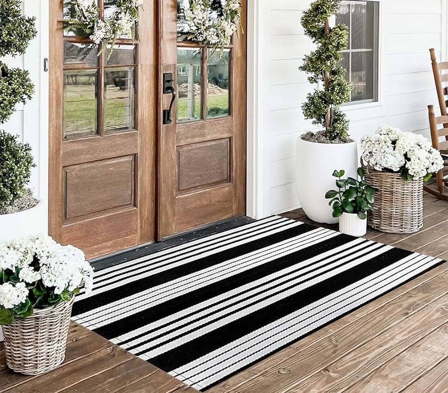 Front Porch Rug 24'' x 51'' Black and White Striped Outdoor Rug Washable Front Door Mat Entryway ... | Amazon (US)