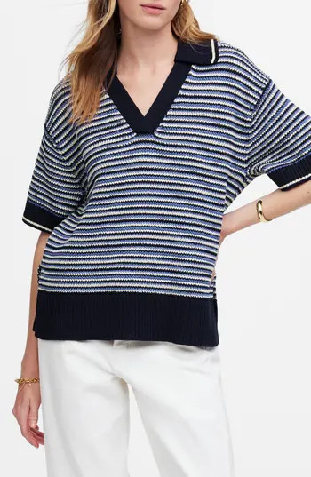 Madewell Stripe Johnny Collar Sweater T-Shirt in Blue Trio Stripe at Nordstrom Rack, Size X-Large | Nordstrom Rack