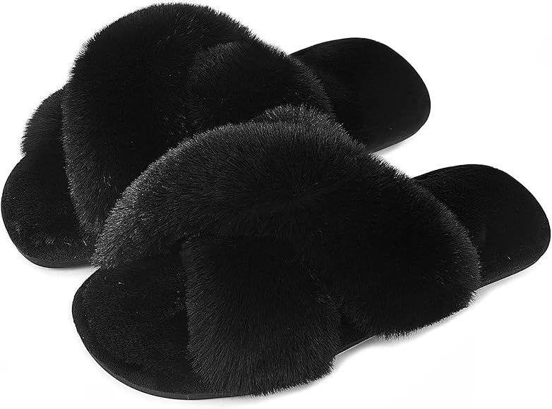 Cozyfurry Womens Slippers Cross Band Soft Plush Furry Cozy House Shoes Fuzzy Open Toe Indoor or Outd | Amazon (CA)