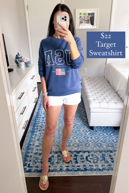 $22 Target sweatshirt🇺🇸 Honestly, I didn’t want to love this, because I certainly don’t need another crewneck, but gosh darn it, I do! Perfect to throw on with lounge shorts or even denim shorts all summer long.

Sizing:
Fits TTS with a looser, slightly oversized fit (but not SUPER oversized). I’m wearing a S, but could also size down to an XS and still have plenty of room (I’m guessing). 

Americana, affordable style, Memorial Day outfit, 4th of July outfit, red, white, and blue, Target style, affordable fashion 

#LTKSeasonal #LTKFindsUnder50 #LTKStyleTip