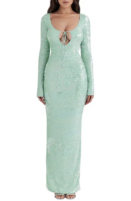 HOUSE OF CB Titania Sequin Long Sleeve Gown in Mist Green at Nordstrom, Size Large | Nordstrom