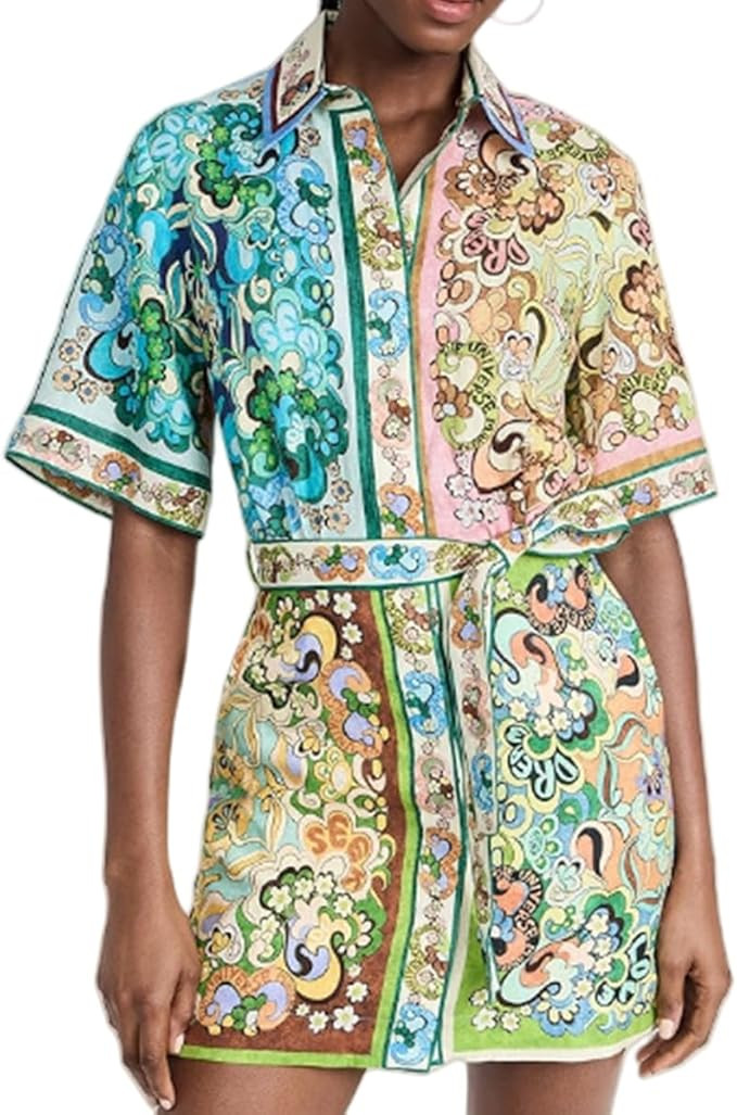 Womens Short Sleeve Vintage Dresses Printed Button Drawstring Shirt Dress Summer Casual Boho Part... | Amazon (US)