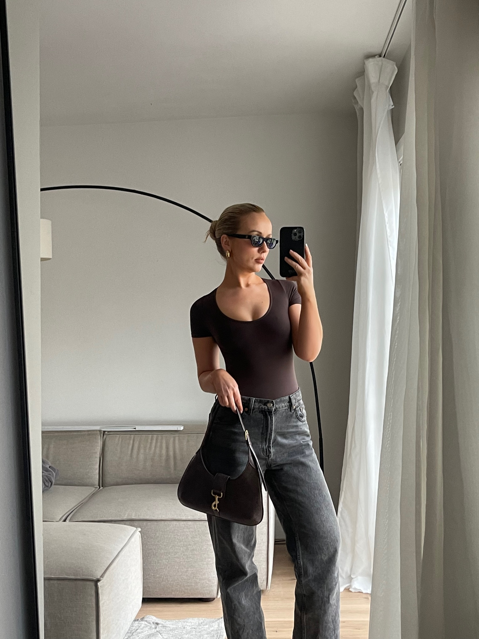 Short sleeve bodysuit, straight jeans, leather shoulder bag, sunglasses, gold hoop earrings

#LTKstyletip #LTKeurope #LTKSeasonal