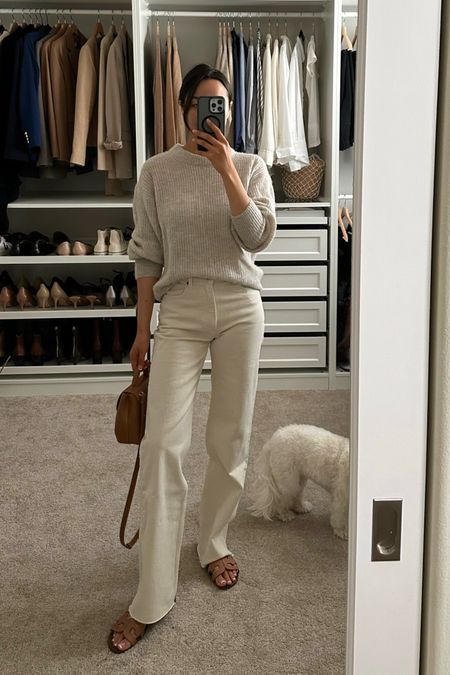 Neutral spring outfit/lunch outfit by the beach 

Everlane alpaca sweater xs 
White wide leg/relaxed jeans Abercrombie 24 regular, sized down in this wash 
Favorite comfy sandal slides tts (gets comfier with wear) 