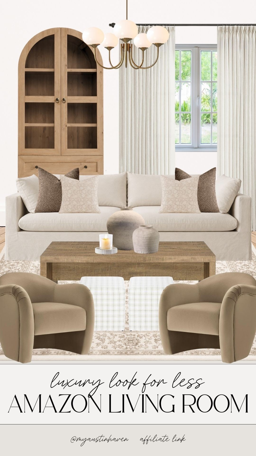 Luxury look for less living room. 🤍 Warm neutrals, soft textures and classic silhouettes that give designer living room energy. All from Amazon!

Amazon living room decor, luxury look for less home, neutral sofa styling, modern traditional furniture, curved accent chairs, linen couch, wood coffee table, plaid ottoman bench, brass chandelier lighting, arched cabinet storage, layered neutral rug, beige throw pillows, high end home aesthetic, designer inspired living room. 

 

#LTKHome #LTKSaleAlert