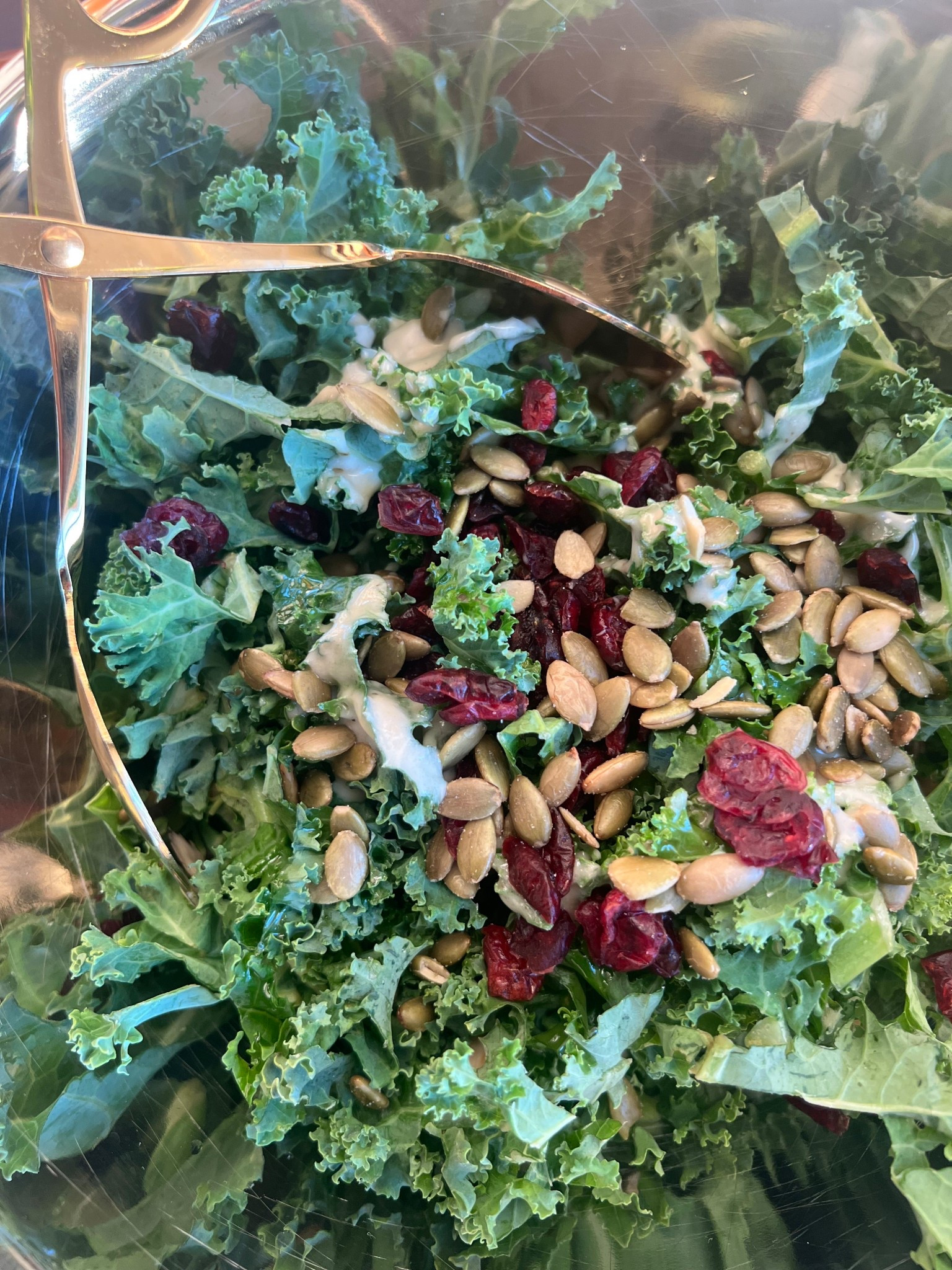kale + dried cranberries + roasted/salted pepitas + trader joes vegan caesar, pinch of pink salt and a little drizzle of olive oil = the perfect little fall salad 

#LTKSeasonal #LTKHome #LTKParties