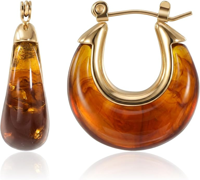 Vintage Earrings for Women, Chunky 18K Gold Plated Resin Acrylic Hoop Earrings Lightweight Tortoi... | Amazon (US)