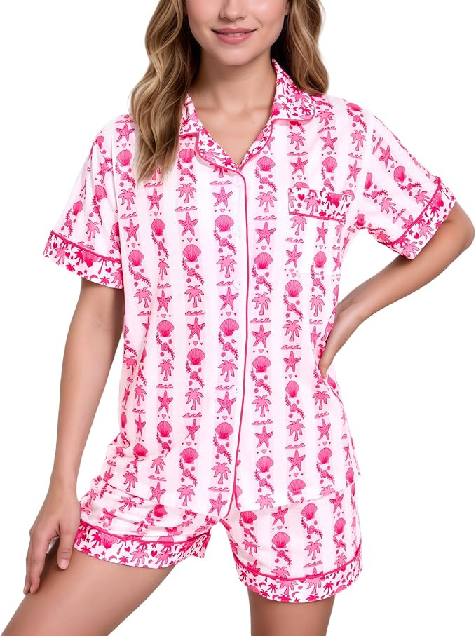 Women's 2-Piece Pajama Set,Sleepwear Palm Tree & Starfish Print Sleepwear for Beach Vacation Holi... | Amazon (US)