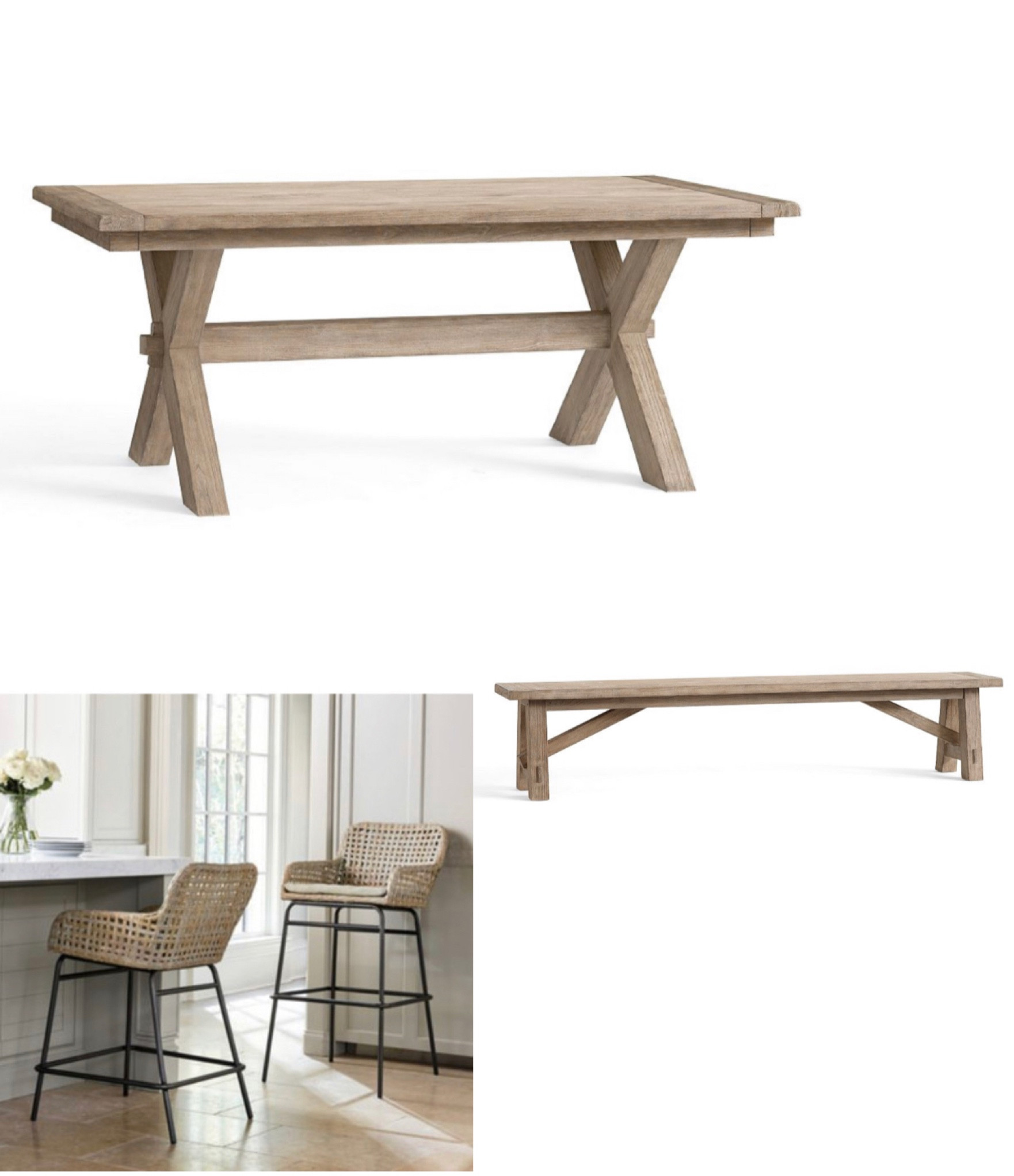 Toscana dining table and bench - Pottery Barn
Woven bar & counter stools - Ballard Designs

#LTKhome #LTKFind #LTKsalealert