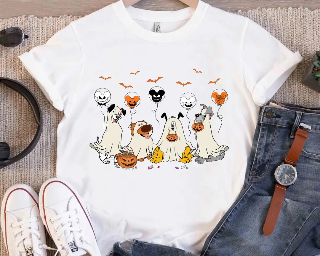 Disney Dogs Ghosts Mickey Balloon Halloween Shirt, Disney Dog Puppies Shirt, Pluto, Slinky, Dalma... | Etsy (US)