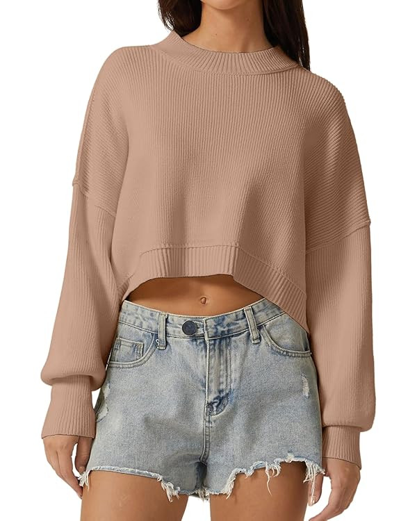 QINSEN Women's Mock Neck Cropped Sweater Long Sleeve Drop Shouler Oversized Knit Pullover Tops | Amazon (US)